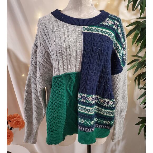 Lands End Womens Cable Knit Fair Isle Patchwork Wool Blend Dolman Sweater Size M - Picture 1 of 11